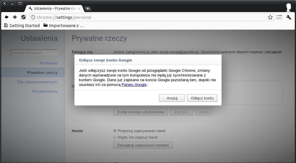 odlacz konto chrome
