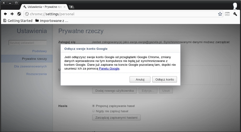 odlacz konto chrome 