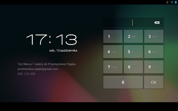 Android 4.1.2, Nexus 7, ekran logowania