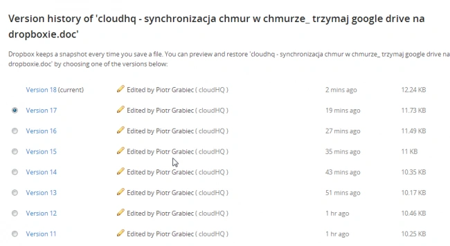 Dzięki CloudHQ można użyć wersjonowania plików Dropboxa dla dokumentów Google 