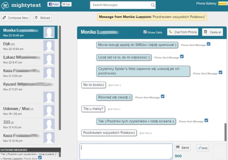 MightyText interfejs apliakcji – widok podstawowy