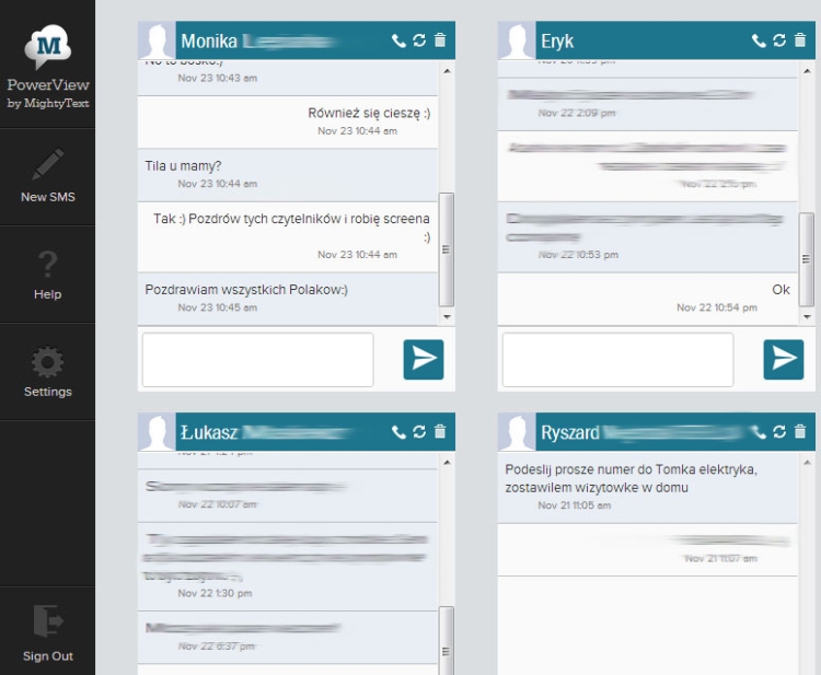 MightyText interfejs aplikacji – widok PowerView