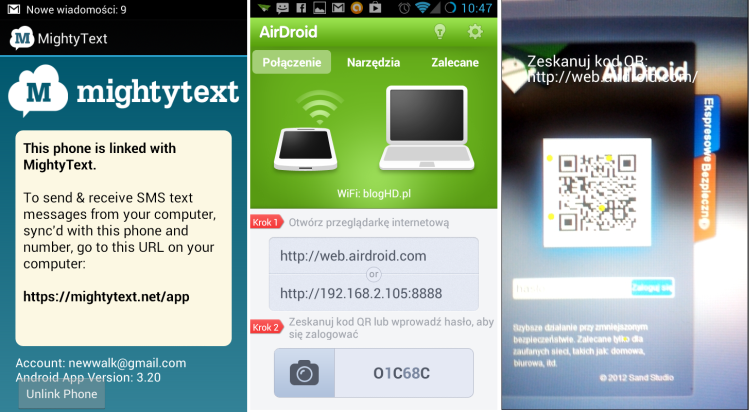 Screeny z apliakcji mobilnych. Od lewej MightyText, 2 x AirDroid