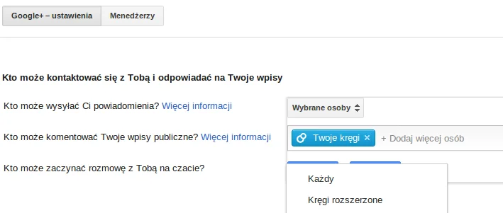 googleplus ustawienia