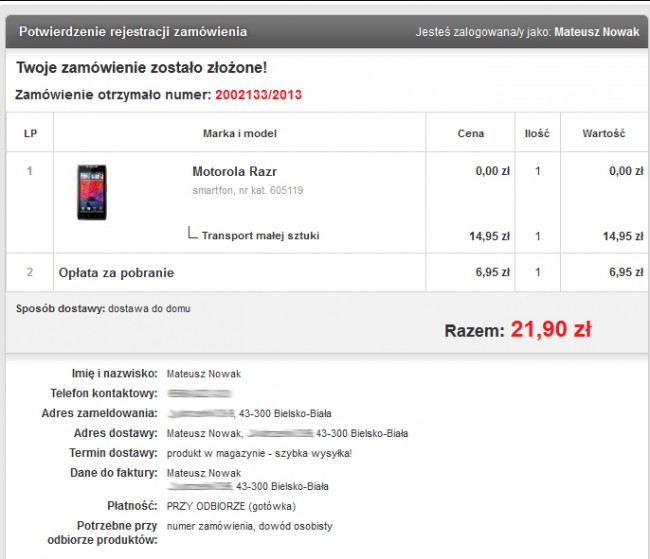 Potwierdzenie dokonania zamówienia/rezerwacji na stronie euro.com.pl class="wp-image-85828" 