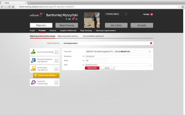 nowy mBank, przelew
