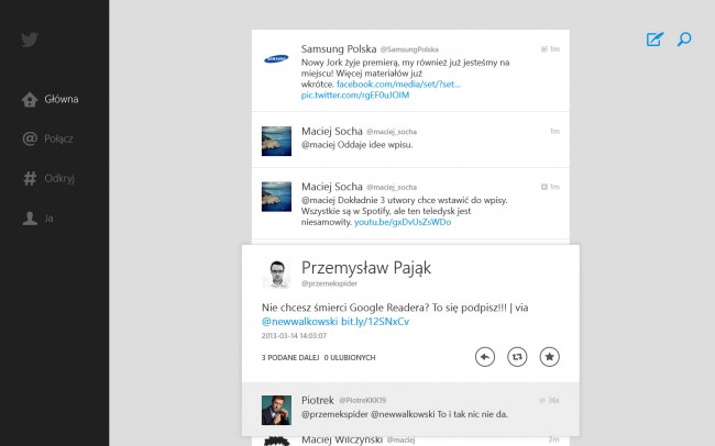 Główny strumień tweetów z wybranym jednym wpisem w celach dalszej interakcji z nim