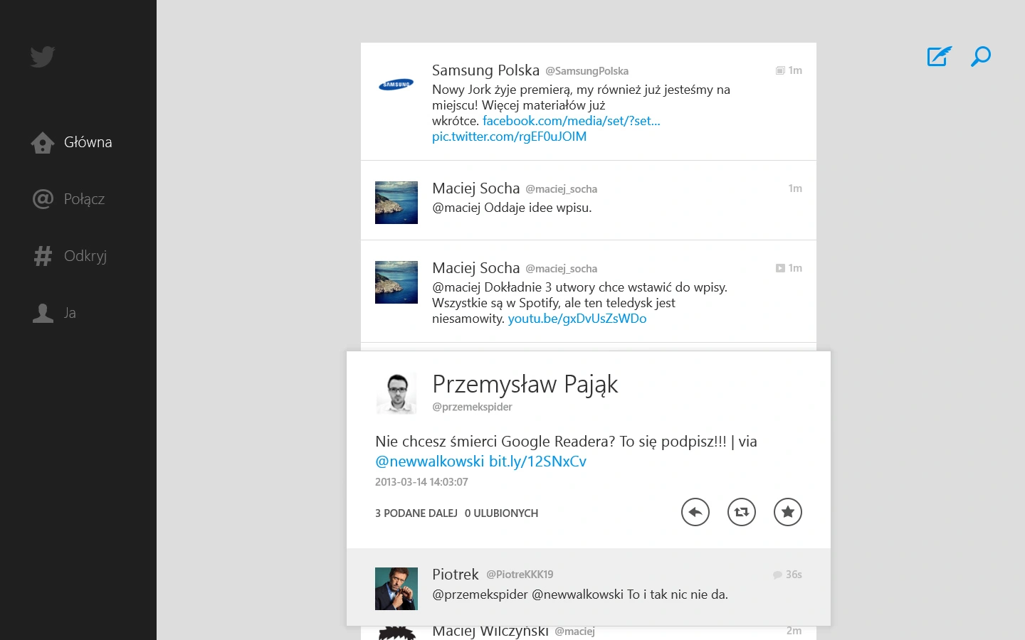 Główny strumień tweetów z wybranym jednym wpisem w celach dalszej interakcji z nim