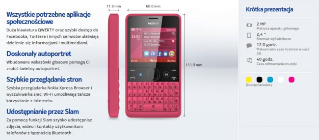 nokia asha 210 specyfikacja 