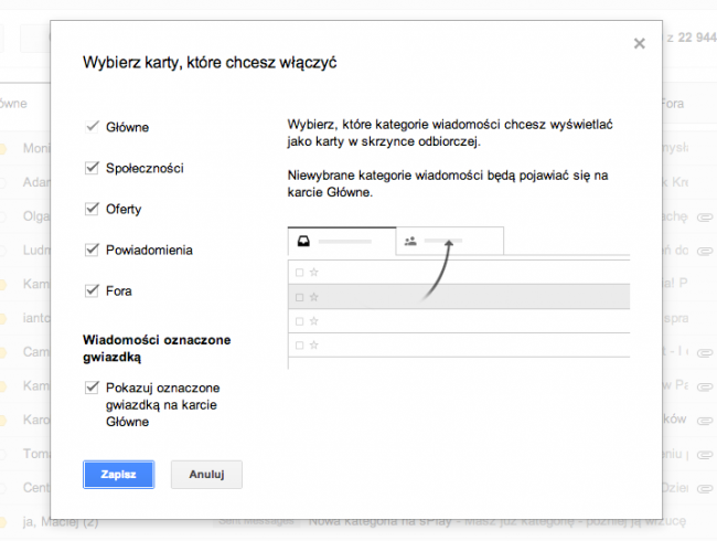 Gmail – nowa skrzynka, wybierz karty