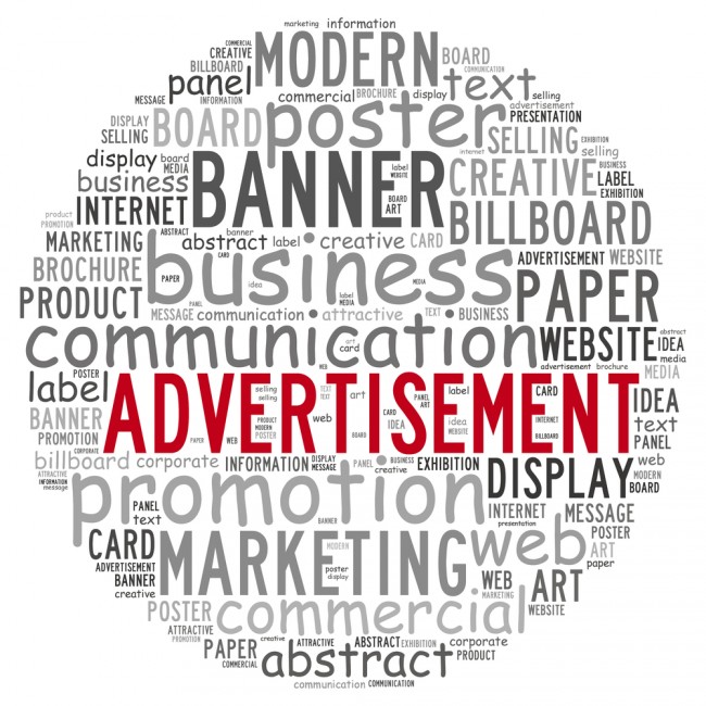Advertisement info text concept in word cloud on white