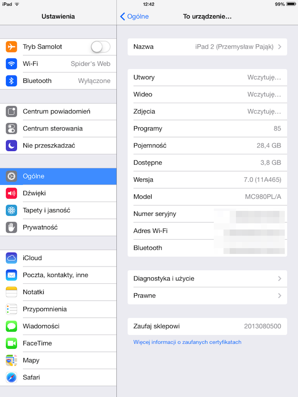 iOS7, iPad 2, ustawienia