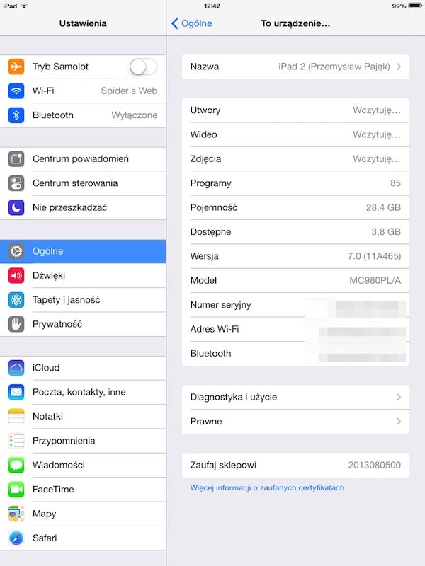 iOS7, iPad 2, ustawienia 