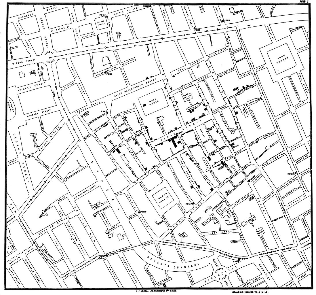 Mapa zachorowań na cholerę stworzona przez Johna Snowa, Wikipedia class="wp-image-152179" 