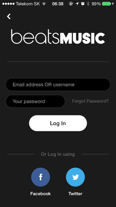 Beats Music, ekran logowania