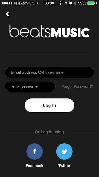 Beats Music, ekran logowania