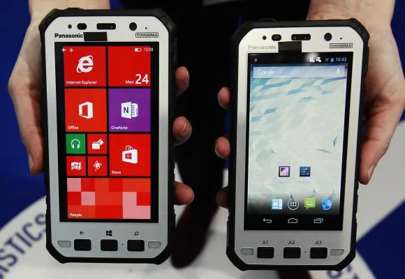 Japanese electornic supplier Panasonic&#8217;s new Toughpad handsets are displayed at the company&#8217;s stand at the Mobile World Congress in Barcelona 
