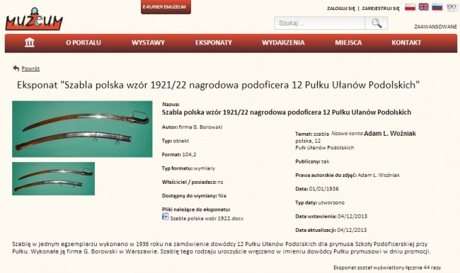 wystawa szabli w internecie