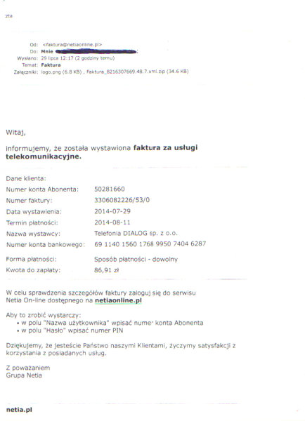 Netia fałszywa faktura