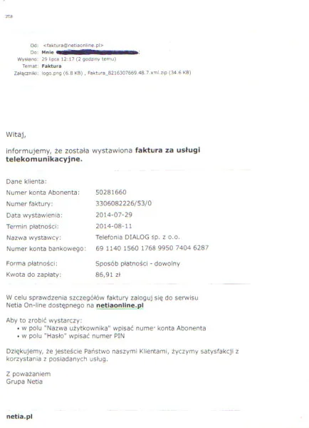 Netia fałszywa faktura