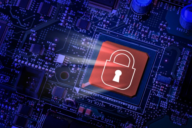 Lock on computer chip &#8211; technology security concept 