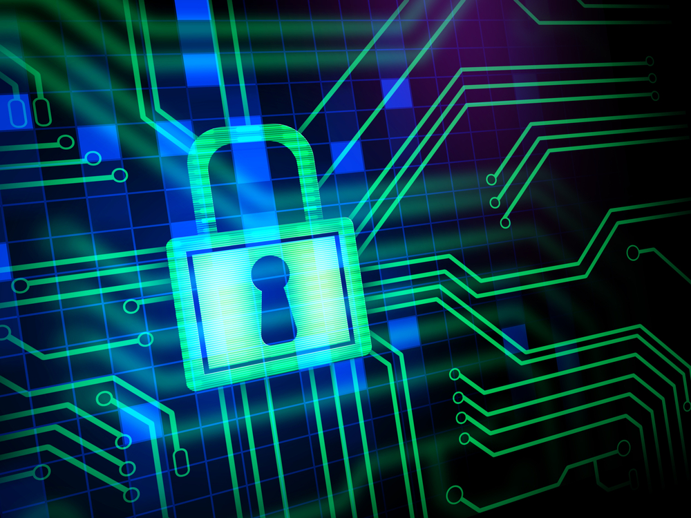 Padlock and keyhole in a printed circuit. Digital illustration. class="wp-image-223215" 