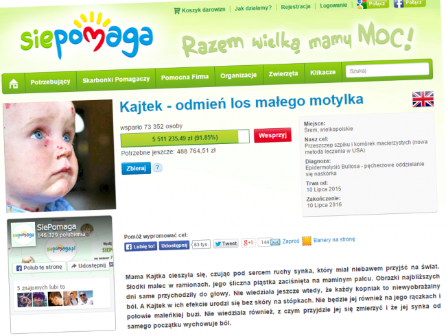 Fragment strony SiePomaga, na której zbierane są pieniądze dla Kajtka. class="wp-image-398106" 