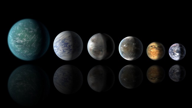 Podobne do Ziemi planety. Od lewej: Kepler-22b, Kepler-69c, Kepler-452b, Kepler-62f, Kepler-186f. Ostatnia Ziemia. NASA/Ames/JPL-Caltech class="wp-image-400902"