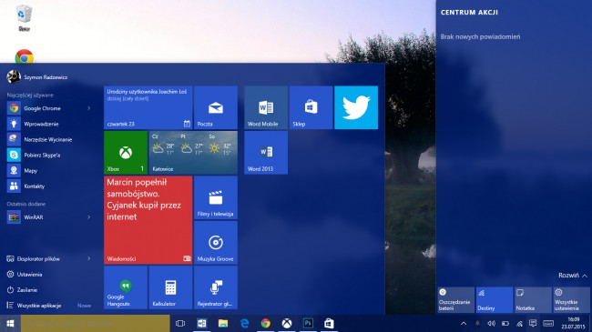windows 10 centrum akcji