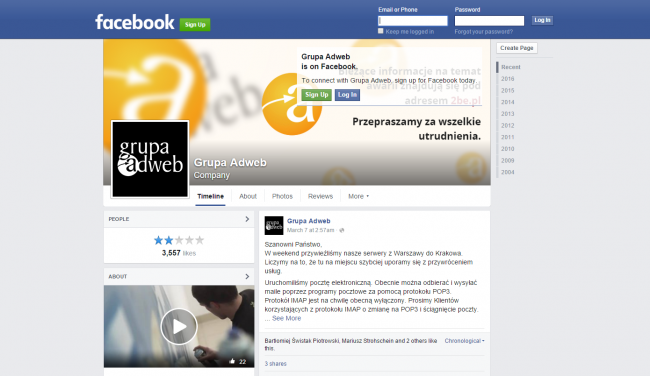 Na Facebooku Grupy Adweb jest informacja o awarii 