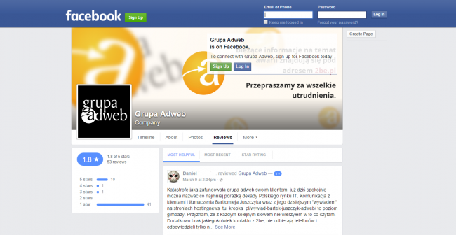 Na Facebooku wysyp negatywnych opinii o firmie Adweb 