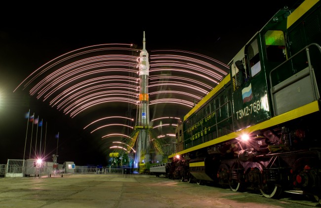 The gantry arms close around the Soyuz TMA-20M spacecraft to secure the rocket, as seen in this long exposure photograph taken on Wednesday, March 16, 2016 at launch pad 1 at the Baikonur Cosmodrome in Kazakhstan. Launch of the Soyuz rocket is scheduled for March 19 and will carry Expedition 47 Soyuz Commander Alexey Ovchinin of Roscosmos, Flight Engineer Jeff Williams of NASA, and Flight Engineer Oleg Skripochka of Roscosmos into orbit to begin their five and a half month mission on the International Space Station. Photo Credit: (NASA/Aubrey Gemignani) class="wp-image-486405" 