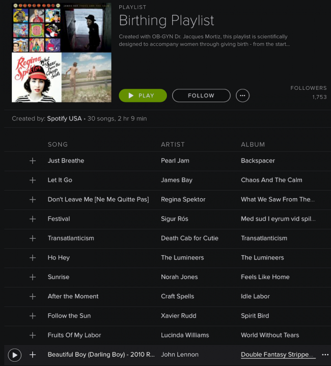 spotify – birthing playlist