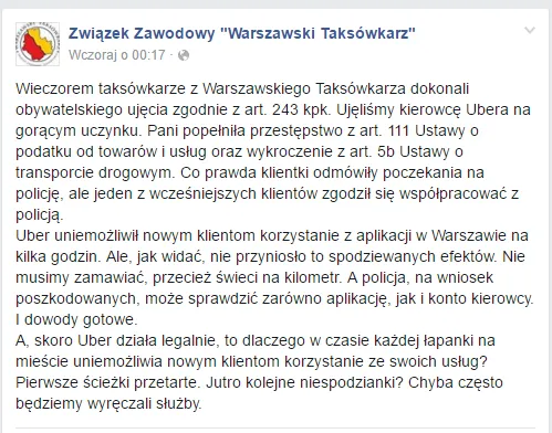 Związek Zawodowy "Warszawski Taksówkarz" kontra UBER class="wp-image-490242"