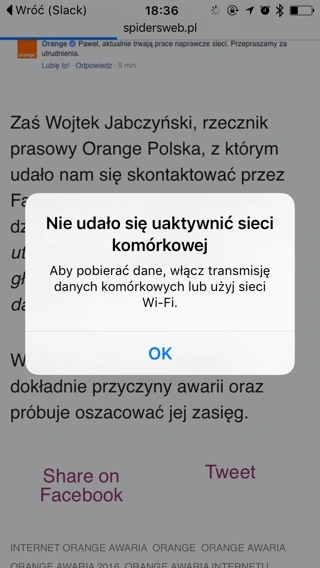 Orange awaria 2016: taki komunikat widzą klienci Orange, u których sieć nie działa poprawnie class="wp-image-505454" 