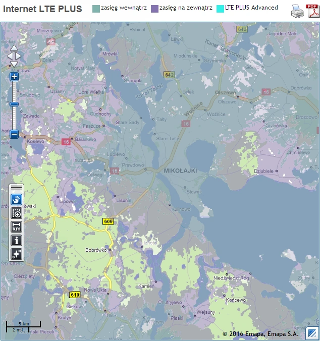 Mapa zasięgu inenetu w technologii LTE od Plusa wokół Mikołajek class="wp-image-519925" 