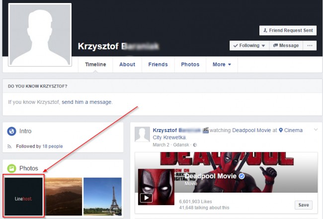 Rzut ekranu z profilu B. na Facebooku pokazujący informację o LineHost. class="wp-image-529054" 