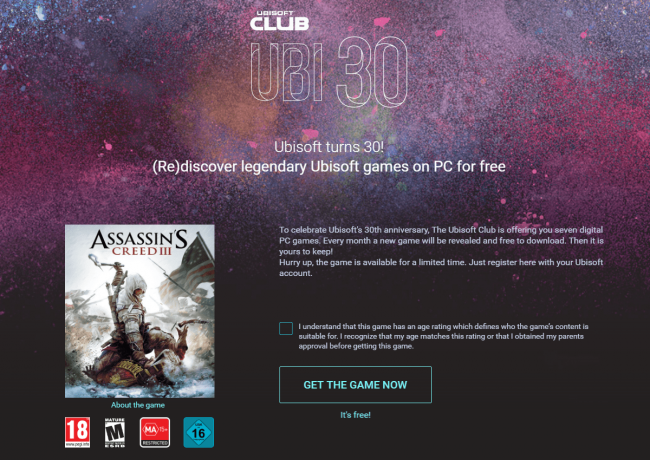 Assassin's Creed III za darmo. Szukaj na stronie i w aplikacji zakładki &quot;Ubi 30&quot;. class="wp-image-532923" 