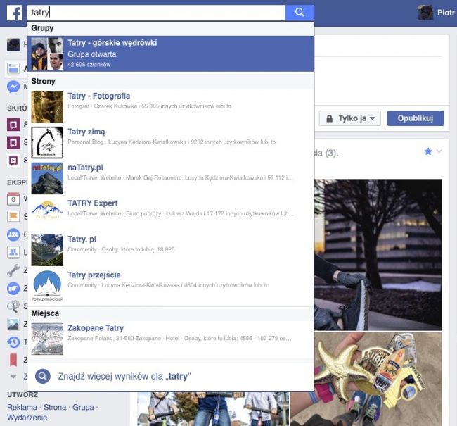 Stary sposób wyświetlania wyników wyszukiwania przez Facebooka. 