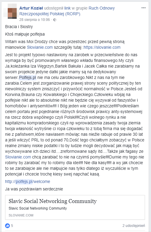 Artur Kozieł wypierał się tego w rozmowie z Krzysztofem Klamką i uważał, że nigdy nie obraził twórców witryny Slovanie. Po pokazaniu mu dowodów, w postaci widocznego poniżej zrzutu ekranu, Kozieł zdecydował, że skasuje tę wypowiedź. class="wp-image-598991" 