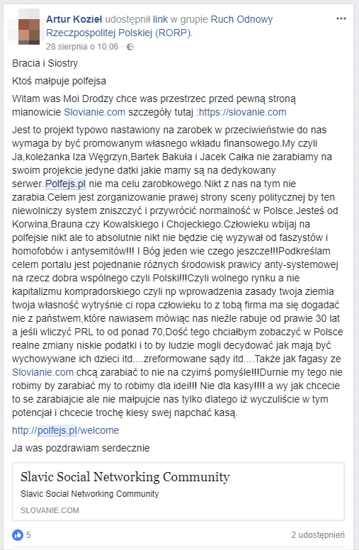Artur Kozieł wypierał się tego w rozmowie z Krzysztofem Klamką i uważał, że nigdy nie obraził twórców witryny Slovanie. Po pokazaniu mu dowodów, w postaci widocznego poniżej zrzutu ekranu, Kozieł zdecydował, że skasuje tę wypowiedź. class="wp-image-598991" 