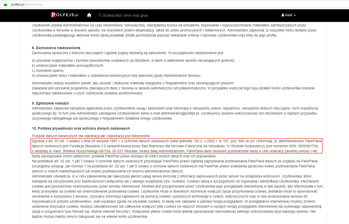 W regulaminie serwisu Polfejs.pl znajdowały się informacje o Fundacji Słowianie 2.0, z którą witryna nie ma nic wspólnego class="wp-image-598994" 
