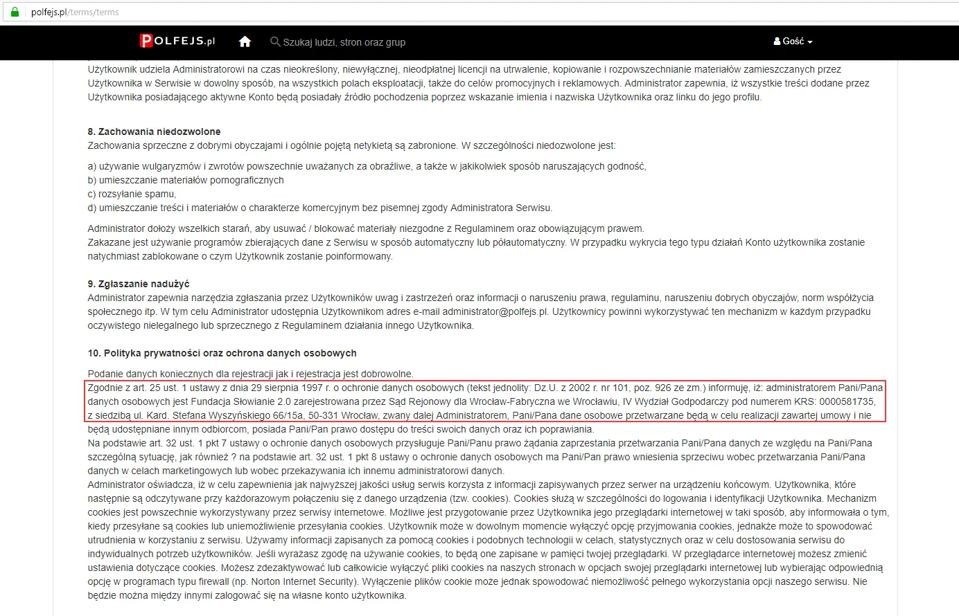 W regulaminie serwisu Polfejs.pl znajdowały się informacje o Fundacji Słowianie 2.0, z którą witryna nie ma nic wspólnego class="wp-image-598994" 