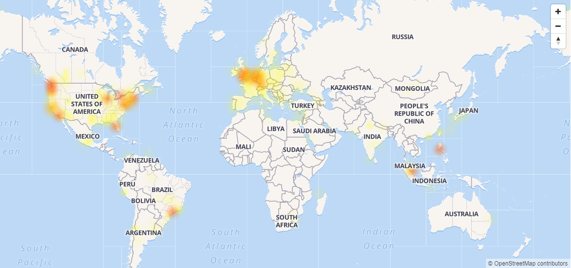 Facebook nie działa: mapa zasięgu awarii (źródło: downdetector.pl) class="wp-image-607730" 