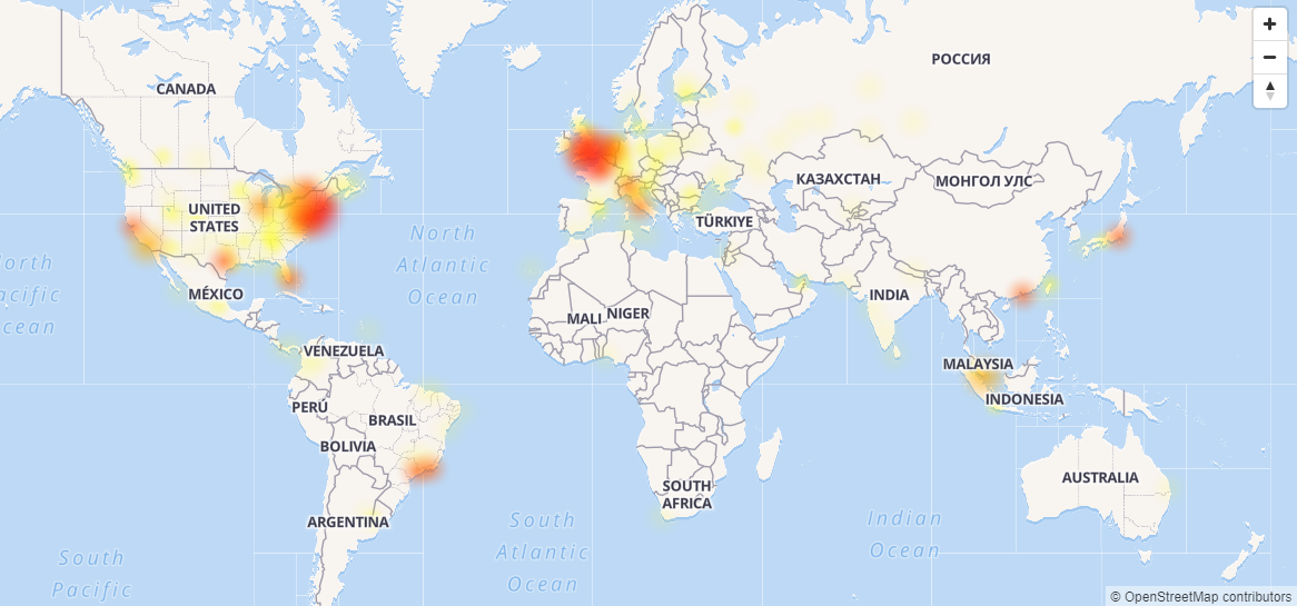 Instagram nie działa: mapa zasięgu awarii (źródło: downdetector.pl) class="wp-image-607733" 