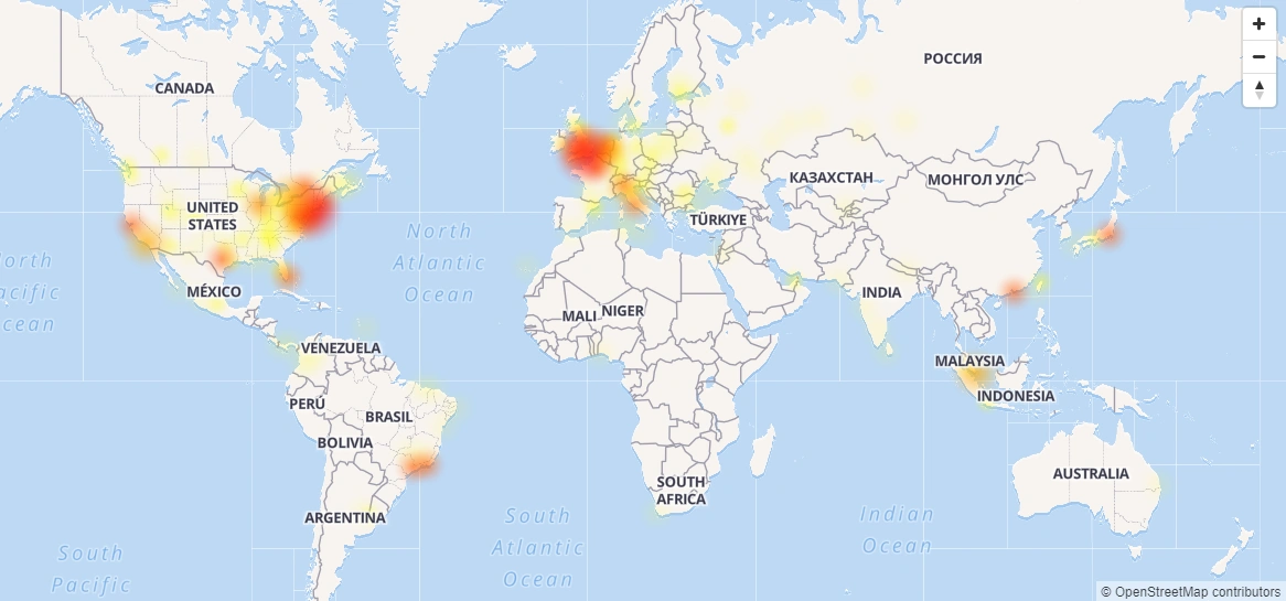 Instagram nie działa: mapa zasięgu awarii (źródło: downdetector.pl) class="wp-image-607733"