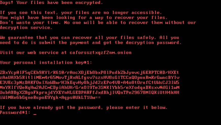 Taki ekran wyświetla komputer zaatakowany przez ransomware Bad Rabbit. 
