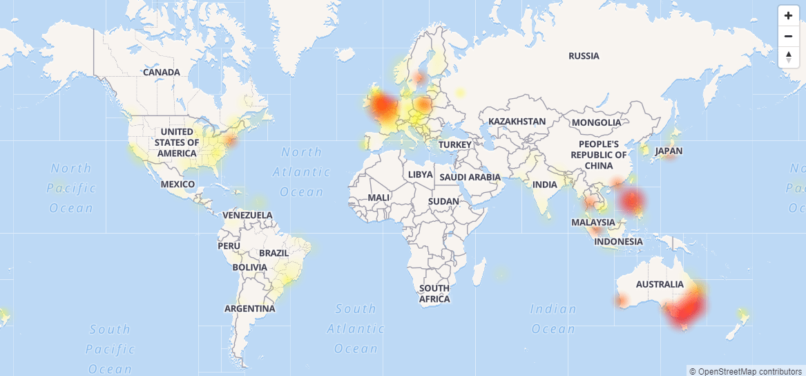 Mapa w serwisie Downdetector pokazuje zasięg awarii Facebook Messengera class="wp-image-640506" 