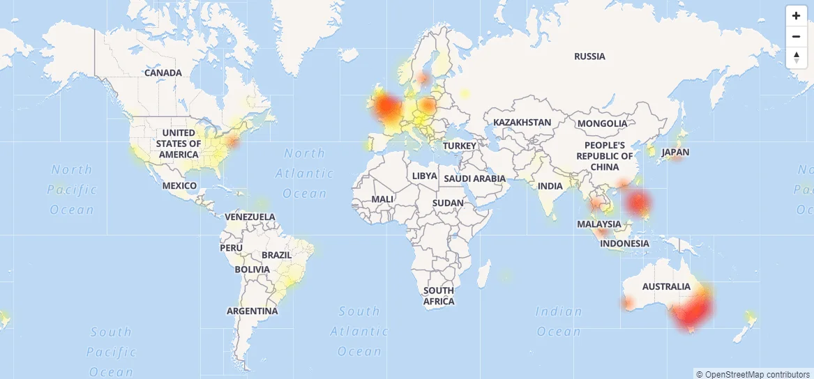 Mapa w serwisie Downdetector pokazuje zasięg awarii Facebook Messengera class="wp-image-640506"