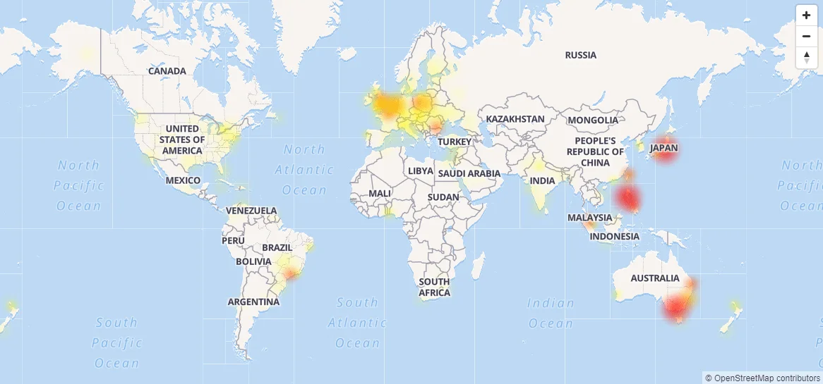 Mapa w serwisie Downdetector pokazuje zasięg awarii Facebooka class="wp-image-640512"